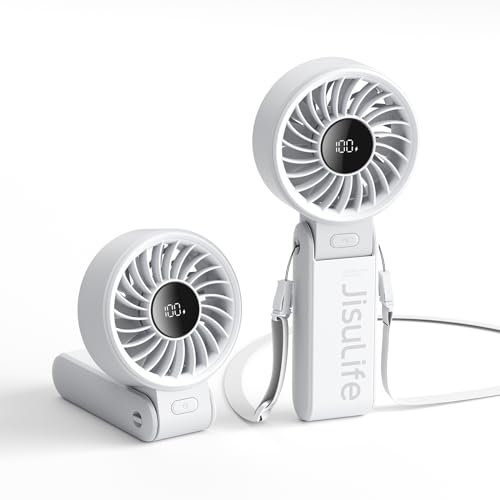 JISULIFE Handventilator Life7, Leistungsstarker tragbarer Ventilator mit LED Anzeige, 19.5 Stunden maximale, 5000 mAh, 3-IN-1 Hand/Schreibtisch/Halsventilator, Mini Ventilator für Reisen(Grau)