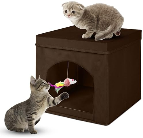 powerking Collapsible Cat House, Foldable Cat Cave with Lid, Coffee, 33 x 33 x 35 cm