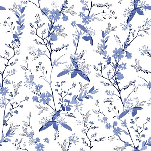 VEELIKE Papier peint botanique bleu floral bleu vintage feuille blanche papier contact papier de contact pour meubles dos adhésif papier peint à motifs en plastique pour chambre à coucher art déco