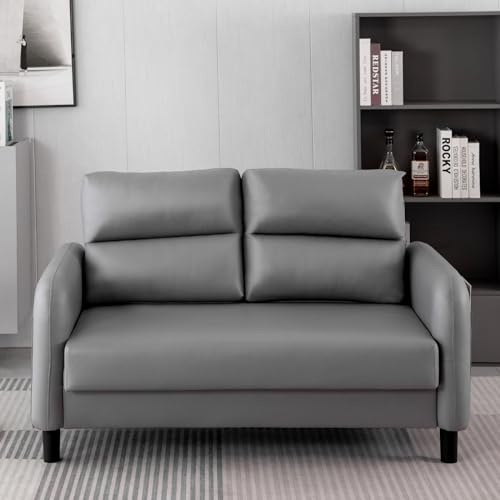 2 Seater Leather Sofa Couch Loveseat With Armrest - Faux Leather Settee for Living Room, Comfortable Modern Small Grey Couch