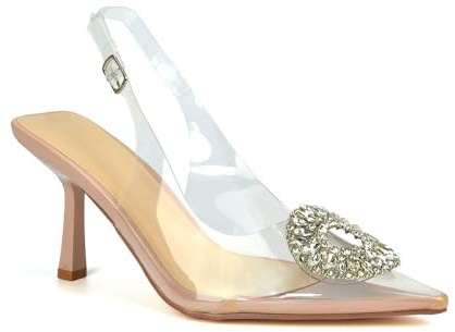 Women's Clear Perspex Slingback Jewel Heels Ladies Nude Pointed Toe Court Shoes Size 7