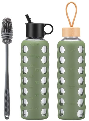 BLUEGO Glass Water Bottle, 700ml Borosilicate Drinking Bottle with 2 Lids-Handle Flip Straw Lid&Bamboo Lid, Motivational Water Bottle with Time Marker and Silicone Sleeve, Leakproof, Olive