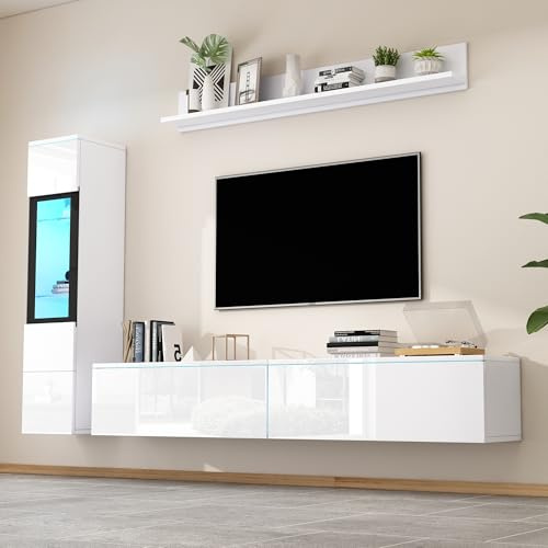 Set di mobile TV Witimisy 3 pezzi, illuminazione LED ad alta lucentezza, set di mobili per soggiorno bianco, 1x mobile TV, 1x vetrina soggiorno, 1x mensola a parete