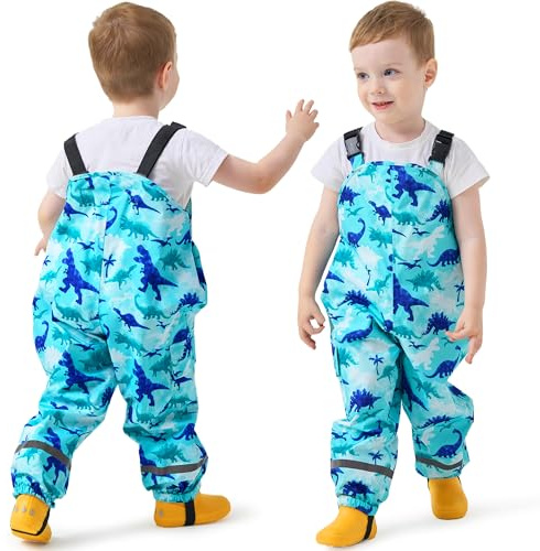 FILOWA Pantaloni Impermeabili Bambino Ragazzo Pantaloni Antipioggia con Striscia Riflettente Tasca Pantalone Fango Dinosauro Stampa Salopette Antipioggia Traspirante Abbigliamento Pioggia per 4 Anni
