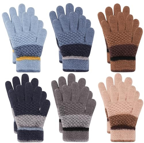 QKURT 6 par varma handskar för barn, mjuka termiska magiska handskar elastiska hela fingervantar pojkar flickor vinter fleece vantar färgglad mysig stickad handske för daglig värme, ålder 4-12