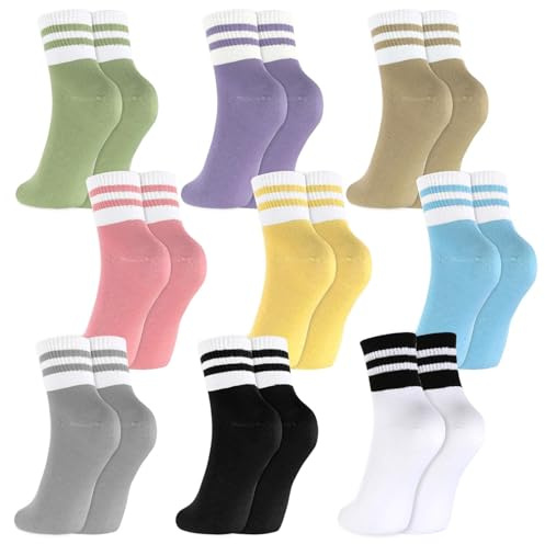 VUTYNKO 9 pares de calcetines para mujer 39-42, elásticos, coloridos, calcetines de tenis con diseño de rayas, calcetines de algodón, calcetines para tenis, deportes, correr, gimnasio, trabajo