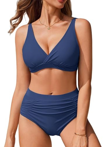 Ekouaer Women's High Waist Bikini Set Cross Back Tummy Control Two Piece Swimwear V Neck Top and Bottoms Swimsuit, Navy Blue, L