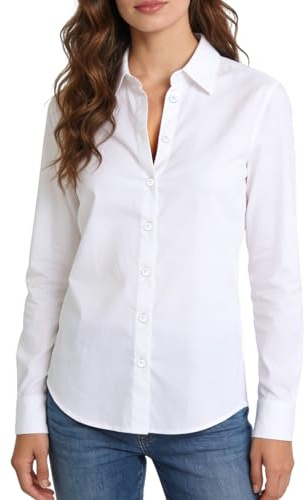 BSBUY Camisa Blanca Mujer, Camisas Mujer Manga Larga, Camisa Mujer de Slim con Cuello Francés, Algodón, para El Trabajo, Informal, para Negocios, Oficina, L
