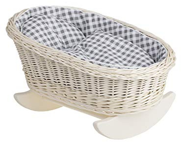 e-wicker24 Alles aus Weide White Wicker Dolls Cot Vintage Dolls Cradle Doll Bed Handmade Cot for Doll Crib Beige Checked Doll Bedding Wooden Rocking Cradle Rocking Bassinet Toy with Beige Bedding