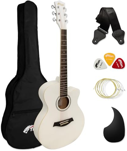 Tiger ACG1-WH Acoustic Guitar with Steel Strings - Small Body 4/4 - for Beginners aged 11+ - Bag, Strap, Spare Strings, Scratchplate and Pick Included – 6 Months free Lessons - White