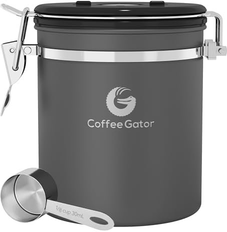 Coffee Gator-Edelstahl-Kaffeedose – Hält gemahlener Kaffee und Bohnen länger frisch – Behälter mit Datumsverfolgung, CO2-Freigabeventil und Messlöffel - Mittel - Grau