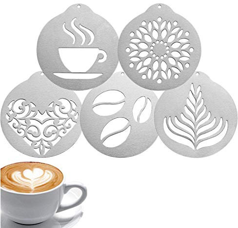 YODOOLTLY Kaffeeschablonen aus Edelstahl, Kaffee-Dekorationsschablone, Barista, Cappuccino, Kunst, Vorlagen, Kaffee, Girlanden, Kuchendekorationswerkzeug (5 Stück)