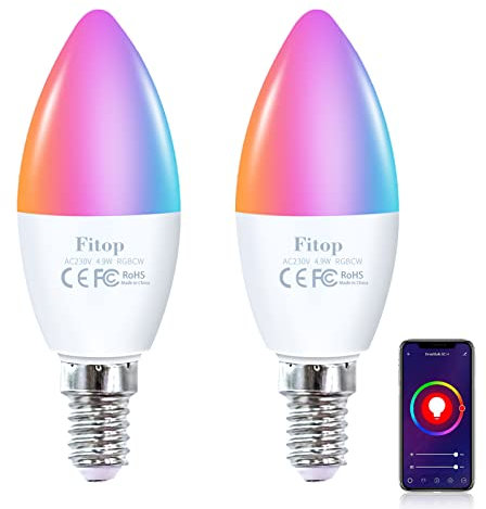 Fitop Lampadine intelligenti Alexa, E14 Wlan LED Lampadina Dimmerabile 4.9W 470Lm, RGB 16 Milioni di Colori, Controllo APP Compatibile con Alexa/Google Home, Controllo Vocale, 2 Pezzi