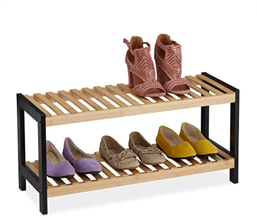 Relaxdays Schuhregal, 2 Ebenen, für 6 Paar Schuhe, offen, Schuhständer HBT: 33 x 70 x 26 cm, Bambus, MDF, natur/schwarz