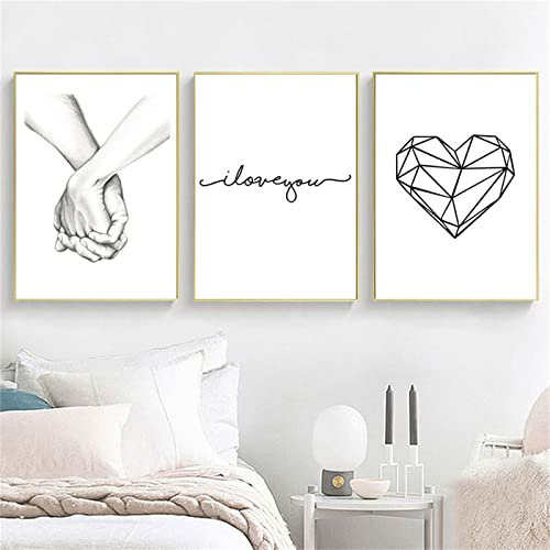 Trayosin 3-teiliges Premium Poster Set, Hand in Hand, Linie Liebe, Modern Schwarz Weiß Love Bilder Wandbilder Posterset für Wohnzimmer Schlafzimmer Deko, Ohne Rahmen (40x50cm)