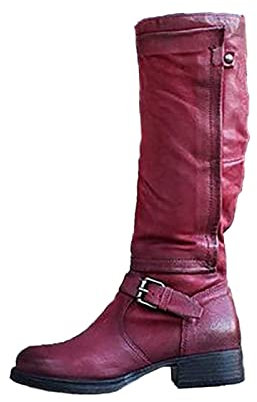 Susenstone 2022 Chaussure Femme Bottes Bloc Hauteur Genou Boucle Fermeture éclair Vintage PU Cuir Bottines Bottes Longues Chaudes D'hiver Chaussures De Fête Rétro Cowgirl Bottes De Cowboy