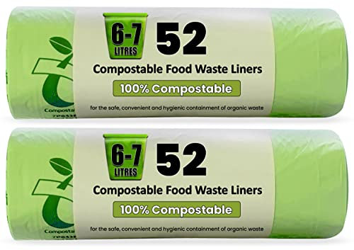 HooriPoori 5L - 7L 104 100% Compostable Biodegradable Food Caddy Liners Strong and Leak proof Kitchen Caddy Food Waste Bags 100% Corn Starch Plastic Free Fully Compliant with EN 14323 & AS 4736