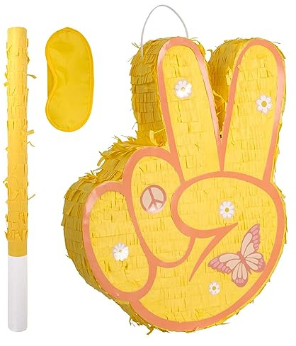Two Groovy Pinata - Groovy Pinata with Blindfold and Bat for Kids Groovy Hippie Theme Birthday Party Game Decorations (Small Size 16”x12”x3”)