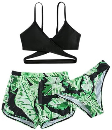 Freebily Baddräkt för flicka 3 delar strandtankini brasiliansk bikini pool strand sommar trikini crop crop top badshorts + trosor badbyxor badkläder, Grön, 13-14 �r