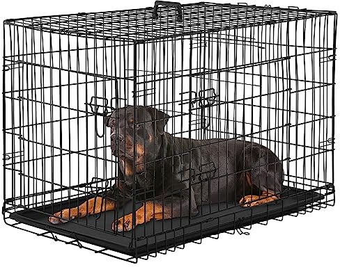 PayLessHere Large Dog Crate Kennel for Medium Large Dogs Metal Dog Cage Double-Door Folding Travel Indoor Outdoor Puppy Playpen with Divider and Handle Plastic Tray (42 Inch, Black)