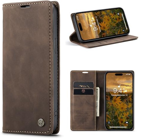 niloucase Kompatibel mit iPhone 15 Pro Hülle Leder,Magnetverschluss Premium PU Leder Flip Case,Standfunktion.-Kaffee Braun