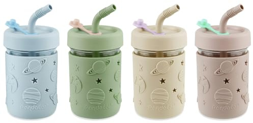 PandaEar 4 Pack Kids & Toddler Glass Cups, Glass Mason Jar Cups 8.45 oz with Silicone Sleeves & Straws, Toddler Spill-Proof Smoothie Cups for Children Ages 3+