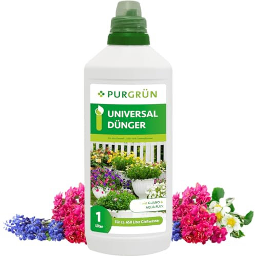 Purgrün® Universaldünger 1 Liter – Organisch-mineralische Rezeptur – Premium-Flüssigdünger mit Spurennährstoffen – NPK 7+5+6 – Mit Guano & Spurennährstoffen – Für bis zu 400 Liter Gießwasser