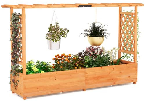 COSTWAY Hochbeet mit Rankgitter & hängendem Dach, Pflanzkasten mit Rankhilfe, Blumenkasten für Kletterpflanzen & hängende Körbe, für Hof Garten Terrasse, Pflanzgefäß aus Holz, Orange (200x44x114cm)