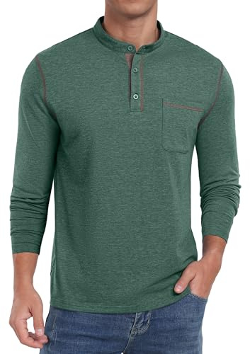 Sailwind Mens Henley Tshirt Cotton Classic Grandad T Shirt Summer Long Sleeve Running Mens Tops (Green Variegated, M)