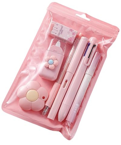 7 Pcs Cute Pink Stationery Set Kawaii School Supplies Office Supplies Including Ballpoint Pens Pencil Sharpener Highlighter Correction Tape Ruler Utility Knife (Pink)