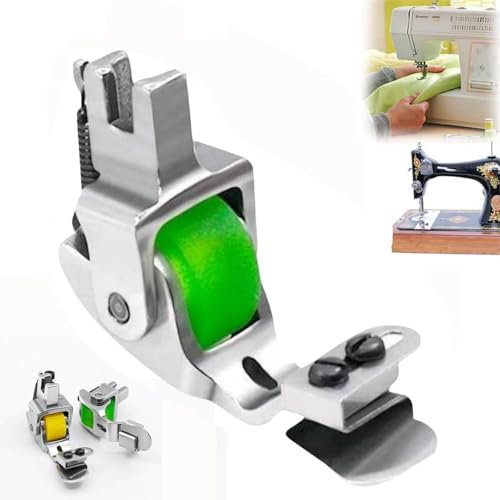 Versatile Adjustable Rolled Hemmer Presser Foot, Roller Presser Rubber Wheel Foot, for Most Industrial Sewing Machines, Sewing Machine Attachments (Green)