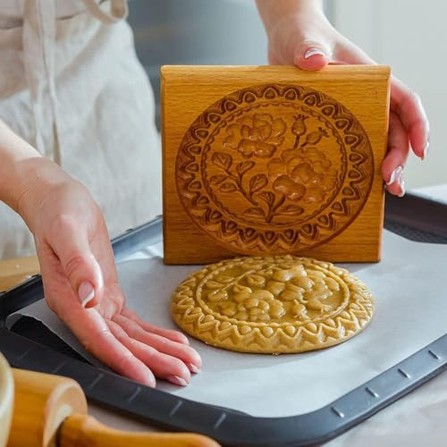 Carved Wooden Gingerbread Cookie Mold,3D Wooden Baking Mold Cookie Biscuit Press Stamp Molds, Cookie Cutter Set with Provance Rose Cookie Stamp,DIY Biscuit Chocolate Stamp Mould (Rose hips-Large)