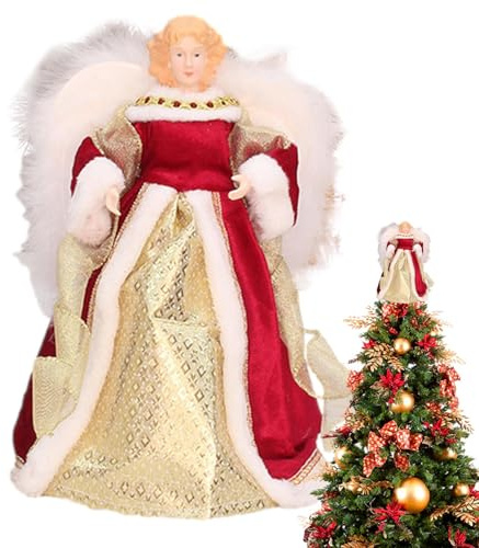 Ängelträddekoration – upplyst julängel med tygkjol och fjädervingar | 31 cm stående ängel trädtopp figur, julgransprydnader för födelsedag, rött guld silver svarta färger