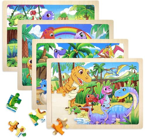 SAYHALO Puzzle en bois pour enfants 3-7, pour enfants de 3-4 ans - Jouet d'activité sur les dinosaures, Bois éducatif - Cadeau pour voyage sur la route - 4x60 pièces