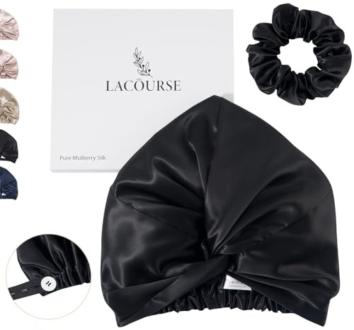 LaCourse Cuffia antiscivolo aggiornata regolabile da 22 momme in 100% seta di gelso per dormire donna, fascia per capelli in seta a doppio strato con elastico più resistente che rimane sulla testa