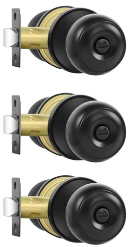 RAZCC Privacy Door Knobs, 3 Pack Matte Black Door Knobs with Lock, Bed and Bath Door Knob Interior Keyless Locksets, Round Door Handles Reversible for Left Right Handed Doors