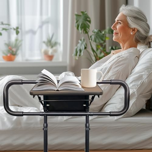 Bed Rails for Elderly Adults Safety Adjustable Heights Storage Pocket Assist Support Side Railings Seniors Citizens Slides Under Mattressbed Cane Bed Guard Bed Handles Bars (Extra larger with table)