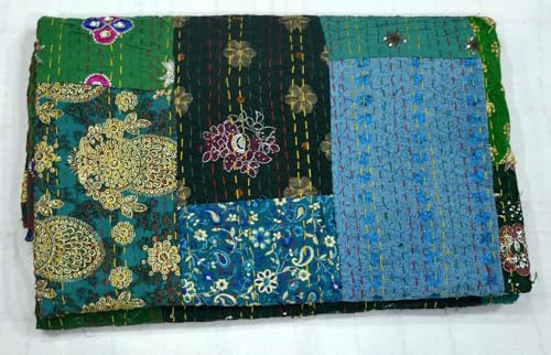 Arprani - Copriletto trapuntato fatto a mano, stile vintage, in cotone indiano, dimensione king, patchwork, Kantha, in seta, copriletto matrimoniale
