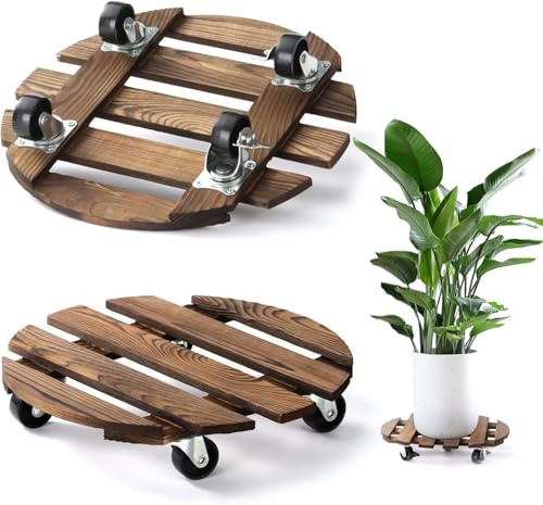 Yunlaishaocer Växtroller rund 40 cm, 2 stycken växtroller utomhus inomhus rullbräda växter trä, blomrulle blommor underlägg växtunderlägg med hjul 100 kg lastkapacitet