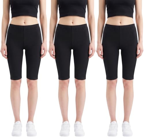 ouhos 3 Pack Girls Black Cycling & PE Shorts, Age 6-13 Years, High Waisted Breathable Cotton Blend Bike Shorts for School Sports, Knee Length Summer Under Dress Leggings