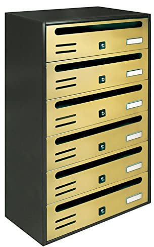ALUBOX CUBO Cassette Postali Condominiali 6 Posti 63X38,5X25 Cm In Lamiera Zincata Cassetta Postale Condominiale Orizzontale Da Esterno E Interno Protetto (ANTRACITE E SPORTELLI ORO)