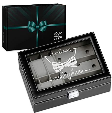 Maverton Uhrenbox mit Gravur für 6 Uhren & 3 Brillen - 33x20x8cm - Uhrenkasten aus Kunstleder - Schwarz - Geschenk für Männer - Gentleman