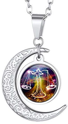 Suplight Collier Lune Balance Femme Acier Chaîne Pendentif Croissant avec Signe Astrologique Cadeau Accessoire Noël Saint Valentin