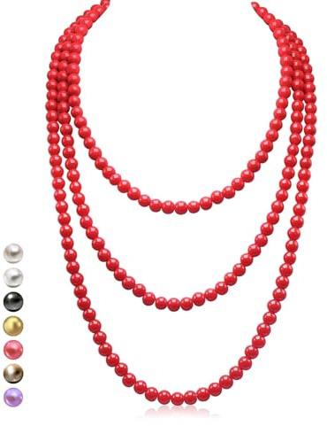 Halukakah Collar Largo de Perlas de Años 1920 para Mujeres - Exquisitas Perlas Cultivadas Naturales - Lujoso Hilo de 8mm con Elegancia Atemporal - Rojo Pasión Longitud 150cm -para Ocasiones Especiales