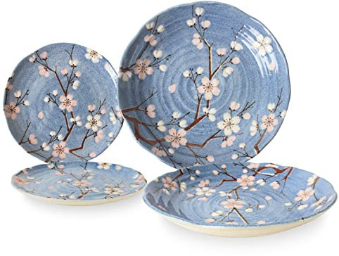 Mino ware japansk keramik 2 pastatallrikar och 2 sallad/förrättstallrik set tillverkad i Japan (importerad från Japan) TNG001 (Sakura blå)