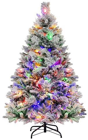 COSTWAY Albero di Natale Innevato 136/180/210 cm, Albero di Natale con 160/240/320 Luci LED, 472/850/1270 Rami di PE e PVC, 26/34/40 Pigne, Aghi di Pino e 8 Modalità di Illuminazione (136 CM)