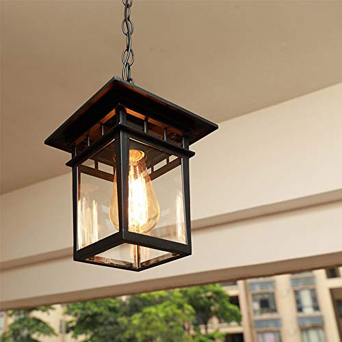 Mengjay E27 LED Utomhus Höjdjusterbar Pendellampa Retro Utomhus/Inomhus Hänglampa Svart Vattentät Metall Glas Lampskärm Pendellampa för trädgårdentré Hall Balkong Paviljong Villa Pendel (Stil:J)