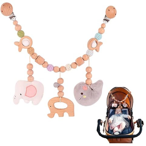 Basetousual Kinderwagenkette Holz Baby,Kinderwagenkette Junge Mädchen,Spielkette für Kinderwagen,Kinderwagen Kette für Babys,Kinderwagen Spielzeug Aufhängen für Babys und Kleinkinder ab 0+ Monaten
