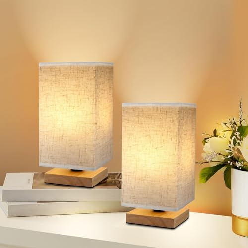 Bedside Lamps Set of 2,Table Lamp for Bedroom Living Room,LED Bulb Included | Minimalist Lamps with Rectangle Fabric Shade Natural Wooden Base,Classic On/Off Switch,Warm Light,For Kids Room,Dorm,Office