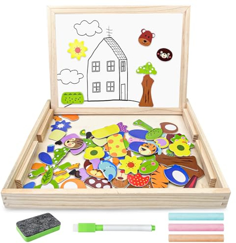 Lectorias 120 Piezas Puzzle Magnetico con Tabla de Dibujo y Tizas, Rompecabezas Magnético de Madera, Madera Magnético Puzzles, Juguete Educativo para Niños, Juguetes Montessori para Niños Niñas